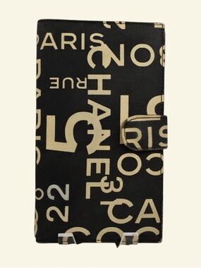 CHANEL Black and Beige Logo Canvas long wallet